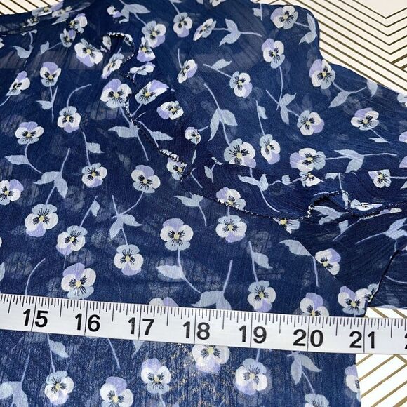 Liz Claiborne Blouse Sheer‎ Tie Neck Size M Blue Floral Ruffle LS GirlCore - Picture 3 of 7